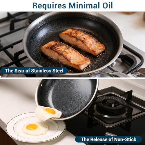 Legacy Culinaryware 8 Inch Tri-Ply Stainless Steel Hybrid Frying Pan, Ceramic Nonstick Skillet, Induction & Oven Safe 600°F, PFAS/PFOA Free Professional Clad Cookware