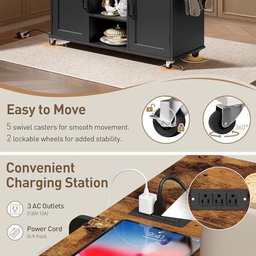 RALGEND Kitchen Island with Power Outlets & Drop Leaf, Kitchen Cart with Storage, Drawer and Spice Rack, Tower Rack, Island Table, Black and Rustic Brown