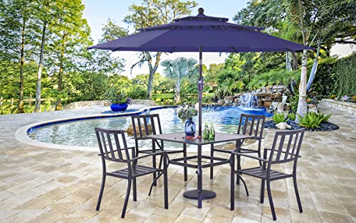 PHI VILLA 5 Piece Outdoor Dining Set with 10ft Umbrella, 37" Square Metal Dining Table & 4 Stacking Metal Chair with 3 Tier Navy Umbrella for Patio, Deck, Yard, Porch