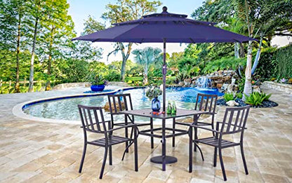 PHI VILLA 5 Piece Outdoor Dining Set with 10ft Umbrella, 37" Square Metal Dining Table & 4 Stacking Metal Chair with 3 Tier Navy Umbrella for Patio, Deck, Yard, Porch