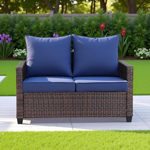 EortheX Patio loveseat 2-Seat Rattan Wicker Sofa,Blue,for Deck Garden