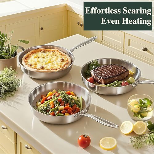 12 Inch Tri-Ply Stainless Steel Frying Pan, Frying Pan with Lid, PFOA/PTFE Free Skillet, Induction Cooking Pans, Dishwasher & Oven Broiler Safe 600F, Professional Cookware, Heavy Duty & Even Heat