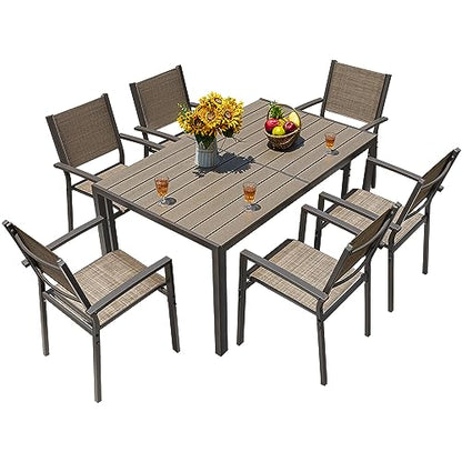 Greesum 7 Piece Outdoor Dining Set Patio Furniture with Rectangular Table & 6 Stackable Chairs Family Conversation for Garden Backyard Deck, Brown