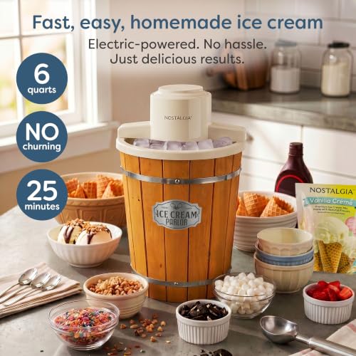 Nostalgia Electric Ice Cream Maker With 6 Qt Capacity - Old Fashioned Ice Cream Machine Makes Frozen Yogurt or Gelato in Minutes- Vintage Wooden Style Ice Cream Maker with Aluminum Canister