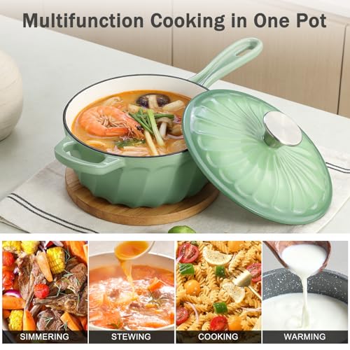NSIRONS 1 Quart Saucepan with Lid, Enameled Cast Iron Sauce Pan, Heavy Duty Small Pots for Cooking Pasta Sauce, Soup, Milk, Oven Safe up to 500°F (Fig Green)