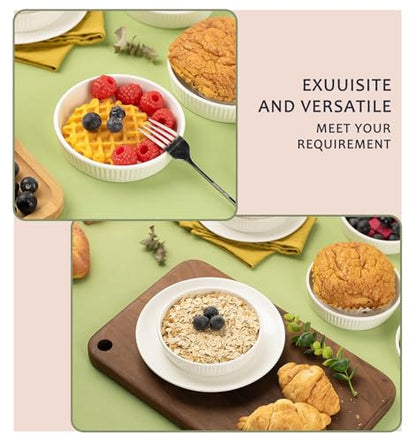 KOBIKOBI Ramekins 8 oz Oven Safe Set of 6 - Ceramic Creme Brulee Dishes, Souffle Cups, Individual Quiche Baking Dish, Food-Safe White Pudding Bowls for Kitchen, Stackable and Dishwasher Safe