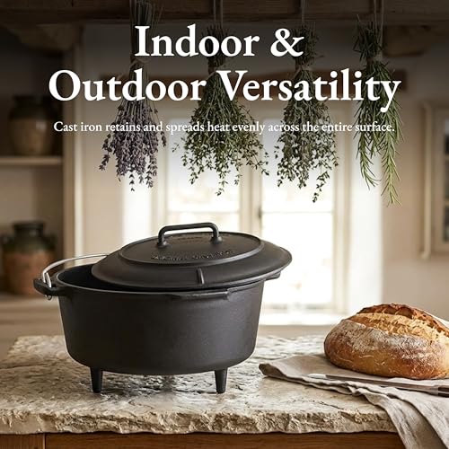 Volcano Grills 8-Quart Cast Iron Dutch Oven with Legs & Lid, Pre-Seasoned Vintage Style Camping Pot, Outdoor Campfire Cooking, Charcoal Lid, Heavy Duty Black Cast Iron, Camping, BBQ & Outdoor Cooking