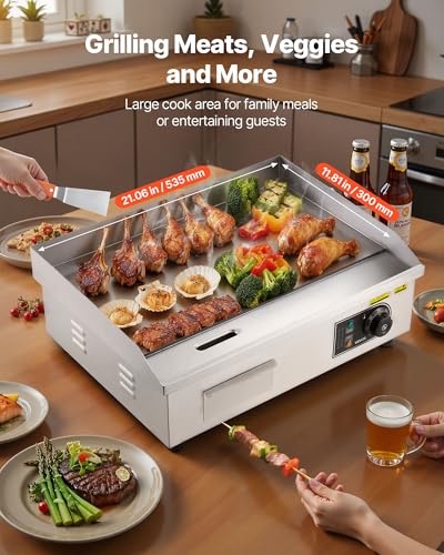 VEVOR Commercial Electric Griddle, 1750W, 122-570°F Adjustable Temp Control, Stainless Steel Countertop Flat Top Grill with 2 Spatulas, 2 Brushes and 4 Foot Pads, for Steak, Pancake