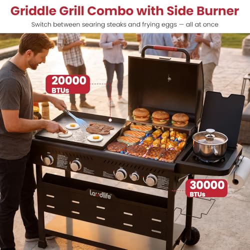 LAUDLIFE 5-Burner Propane Grill Griddle Combo with Side Burner, Dual Zone BBQ Gas Grill, Non-Stick Porcelain-Enameled Surface, Easy to Clean, 702 Sq.In. Cooking Area, Heavy-Duty Stand for Backyard
