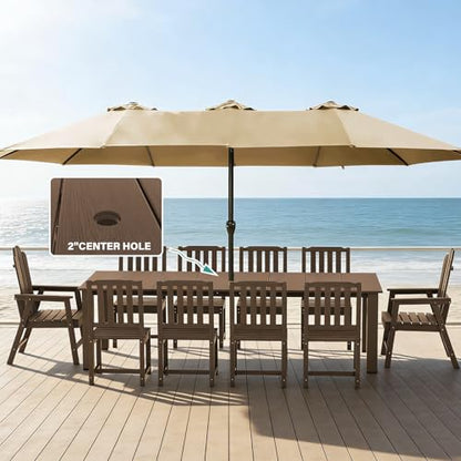 Tioline 11-Piece Patio Dining Set, Outdoor Dining Set for 10, HDPE All-Weather Outdoor Furniture with 89.57” Umbrella Hole Table, 2 Armchairs & 8 Armless Chairs, Brown