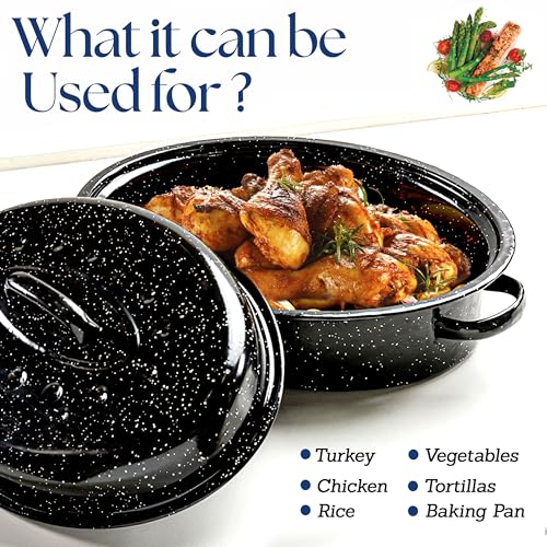 Alpine Cuisine Enamel Oval Roaster | Carbon Steel Oval Roasting Pan 18x14-Inch | Non-Stick Marble Coating with Lid | Oven & Dishwasher Safe | Even Heat Distribution | Ideal for Large & Small Servings