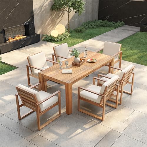 Hlcodca 7 Piece Patio Dining Table Set with Umbrella Hole, Outdoor Acacia Wood Furniture Set with Removable Cushion for Garden, Backyard, Lawn, Poolside (Beige,Light Teak)