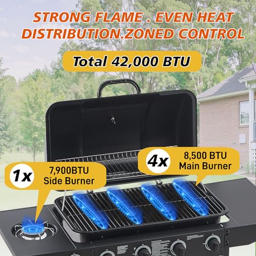 4 Burner Gas Grills, Outdoor Cooking Propane Gas Grills with Side Burner 24000 BTU, BBQ Propane Gas Grill with Enameled Grates & Side Tables for Kitchen Patio Backyard (4 Burner)