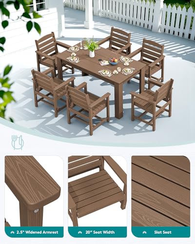 SERWALL Patio Dining Set for 4, Outdoor Dining Sets for 4 Person with 1 Umbrella Hole Cut-Out Rectangular Table and 4 Chairs, HDPE Dining Sets for Garden, Backyard, Poolside, Brown