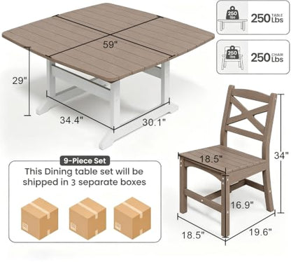 Polyhouz Outdoor Dining Set, HDPE 9-Piece Patio Table and Chairs Set, All-Weather Outdoor Dining Table Set for 8 with Umbrella Hole, Durable Patio Furniture Set with Chairs,White Brown