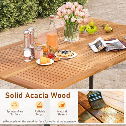 Tangkula 7 Pieces Outdoor Dining Set, Patio Acacia Wood Table and PE Rattan Chairs with Soft Cushions and 2” Umbrella Hole for Deck, Garden and Backyard