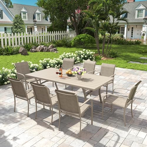 VOXBIN 9 Pieces Patio Dining Set, 71" Rectangular Dining Table with Umbrella Hole, 8 Stackable Textilene Fabric Chairs, Metal Structure for Patio, Porch, Garden(Sand Table, Sand Chair)