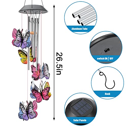 KAHACIYO Solar Butterfly Wind Chimes, Color-Changing, Outdoor, Solar-Powered, 9.5 x 5.25 x 2 inches