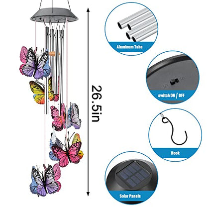 KAHACIYO Solar Butterfly Wind Chimes, Color-Changing, Outdoor, Solar-Powered, 9.5 x 5.25 x 2 inches