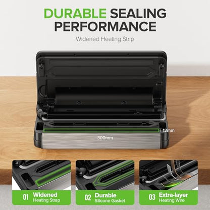 JLHSWENND Vacuum Sealer for Food, 95kPa Food Saver Vacuum Sealer Machine, Dry/Moist Food, Automatic Food Sealer, Touch Display, Double Heat Seal (Gunmetal Steel)