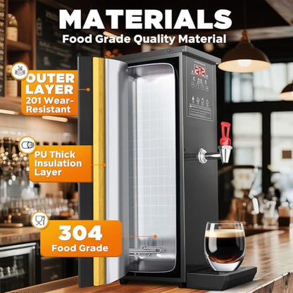 Commercial Hot Water Dispenser Water Boiler Countertop 30L/H Auto-filling Stainless Steel Hot Water Machine Step-heating 104-212°F Adjustable for Cafe Tea Shop Office Restaurant Hotel 1500W, Black