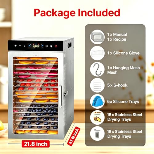 Dehydrator 18Tray, Dual Fan Food Dehydrator Machine 800W Fast Drying, 24H Timer, 86-194℉ Temperature Control, 45dB Low Noise, LED Panel, Stainless Steel Dehydrator for Food and Herbs, Jerky Meat Fruit