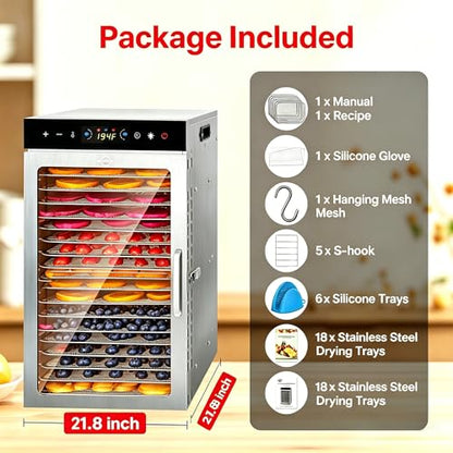 Dehydrator 18Tray, Dual Fan Food Dehydrator Machine 800W Fast Drying, 24H Timer, 86-194℉ Temperature Control, 45dB Low Noise, LED Panel, Stainless Steel Dehydrator for Food and Herbs, Jerky Meat Fruit