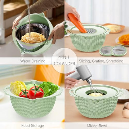 4-1 Strainer with Bowl & Spoons Set - Strainers and Colanders - Colanders for kitchen(Patented) - Pasta Strainer with Upgraded Graters & Spoons for Fruit Veggie Kitchen Essentials, Green