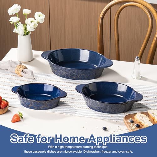Dafuceramic Casserole Dishes for Oven Sets of 3, Ceramic Oval Baking Dish, Au Gratin Baking Pans with Handles for Roasting, Lasagna, Pie, Baking Meat & Vegetables, Blue
