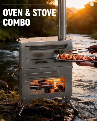 YRenZ Tent Stove Wood Stove with Oven – 2-in-1 Dual-Use Outdoor Camping Oven for Tent Cooking, Stainless Steel High Temperature Stove, Glass Door, Anti-Slip Feet, Full Accessories