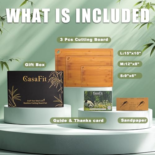 3-Piece Organic Bamboo Cutting Board Set for Kitchen - Carbonized Extra Sturdy Chopping Boards with Juice Grooves - Knife-Friendly Multi-Size (15", 12", 9") for Meat & Veggies - Housewarming Gift Box