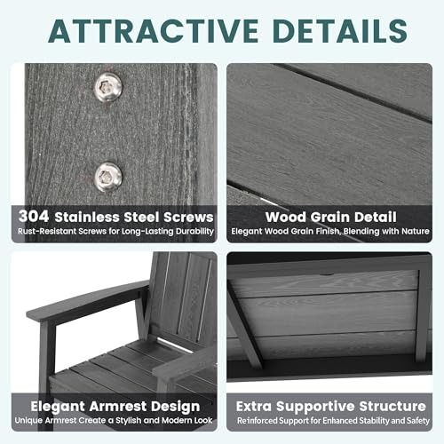 Pamapic 5 PCS Outdoor Dining Set, Spacious HDPE Outdoor Table and Chairs, Wood Grain Patio Furniture Sets with Elegant Armrest, All-Weather Patio Dining Table with Umbrella Hole, Gray