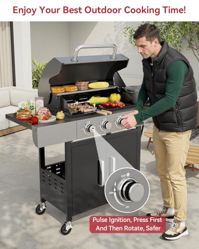 Aoxun 4-Burner Propane Grill with Side Burner, 49000 BTU Gas Grill, Stainless Steel Outdoor Grill with Cast Iron Grates & Side Tables for Backyard, Patio, Camping，Black