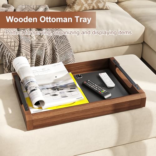 Set of 2 Acacia Wooden Ottoman Tray for Living Room, Wood Serving Tray with Handles, Decorative Coffee Table Trays for Ottoman, Large Serving Platter for Dinner, Breakfast in Bed, Kitchen Counter Top