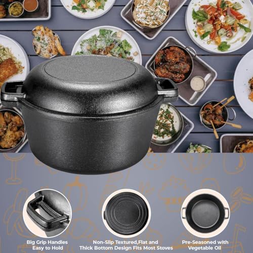 TLGREEN Cast Iron Dutch Oven Pot with Lid, Pot (5.1QT) and Lid as a Skillet(1.9QT) - Dutch Oven Cast Iron with Silicone Holders, Iron Stand, for Oven, Stove, Grill，Campfire