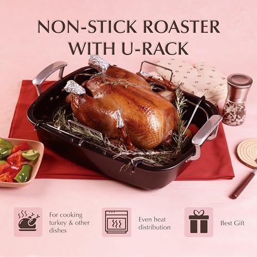 Uukrave Turkey Roasting Pan with Rack (U-Shaped), Extra Large 18.5 x 14.6 Inch Nonstick Roaster Pan for 25 lb Turkey or Chicken, Deep Oven Tray with Wide Handles, Heavy Duty Steel, Nontoxic