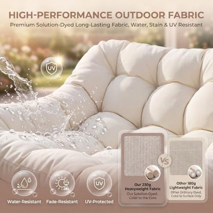 NICESOUL Oversized Double Rocking Papasan Chair with Thick Cushion, 2 Person Big Wicker Outdoor Comfy Recliner, Extra Large Heavy Duty Egg Loveseat for Patio, Balcony, Backyard, Garden, Beige