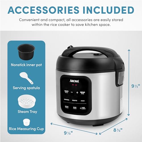 AROMA Digital Rice Cooker, 4-Cup (Uncooked) / 8-Cup (Cooked), 2 Qt, Steamer, Multicooker, Slow Cooker, Oatmeal Cooker, Auto Keep Warm, Stainless Steel Exterior