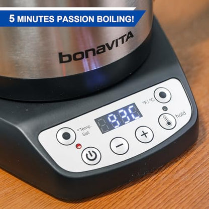 Bonavita 1L Digital Variable Temperature Gooseneck Electric Kettle for Coffee Brew and Tea Precise Pour Control, 6 Preset Temps, Café or Home Use, 1200 Watt, LED Panel, Stainless Steel