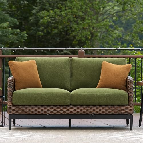 Signature Design by Ashley Horizon Hall Casual Outdoor Loveseat with Cushion, UV-Resistant Nuvella Fabric, Resin Wicker & Aluminum Frame, Ideal for Deck or Lanai Furniture, Green & Dark Brown