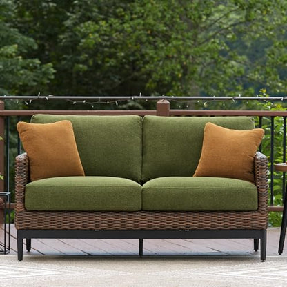 Signature Design by Ashley Horizon Hall Casual Outdoor Loveseat with Cushion, UV-Resistant Nuvella Fabric, Resin Wicker & Aluminum Frame, Ideal for Deck or Lanai Furniture, Green & Dark Brown
