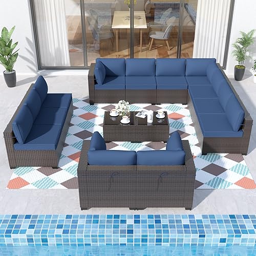 ALAULM Patio Furniture Set with Coffee Table, 14 Pieces Outdoor Sectional with Wide Seat and Thick Cushion, All Weather Wicker Rattan Conversation Set for Backyard, Garden, Deck, NavyBlue