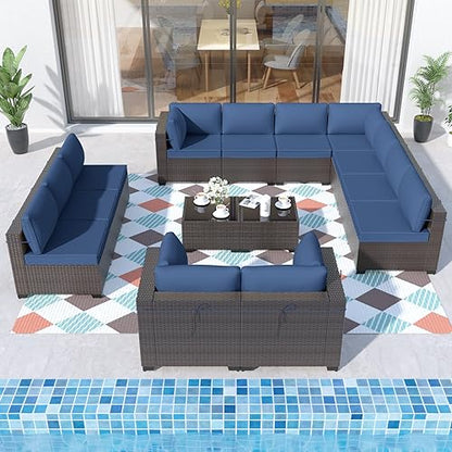 ALAULM Patio Furniture Set with Coffee Table, 14 Pieces Outdoor Sectional with Wide Seat and Thick Cushion, All Weather Wicker Rattan Conversation Set for Backyard, Garden, Deck, NavyBlue
