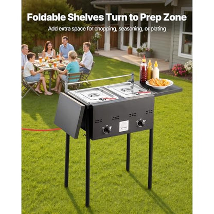 VEVOR Outdoor Propane Deep Fryer, Double Burners Commercial Fryer, 16 Qt Stainless Steel Cooker with Removable Baskets & Lids & Tanks, Oil Fryer Cart with Thermometer & Regulator, For Outdoor Cooking