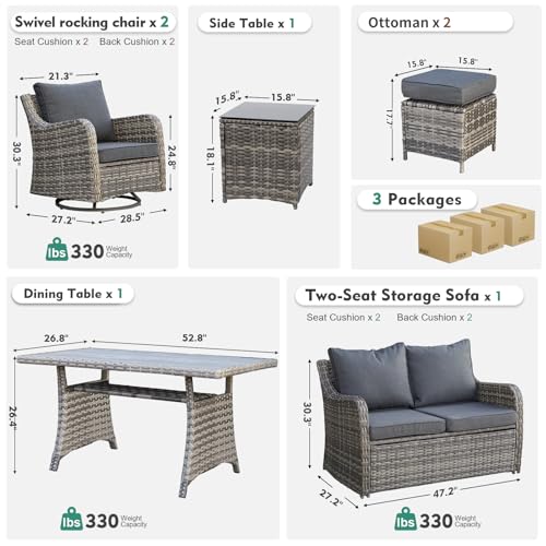 MEISSALIVVE 7 Pieces Outdoor Patio Furniture Set with Swivel Chairs, Wicker Patio Conversation Set, Patio Sectional Furniture Set with with Loveseat, 2 Ottomans and Dining Table (Grey)