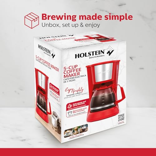 Holstein Housewares 5 Cup Drip Coffee Maker – Compact and User-Friendly with Auto Pause & Serve, Reusable Filter, Measuring Spoon & Glass Carafe, Office & Dorm Use, Red