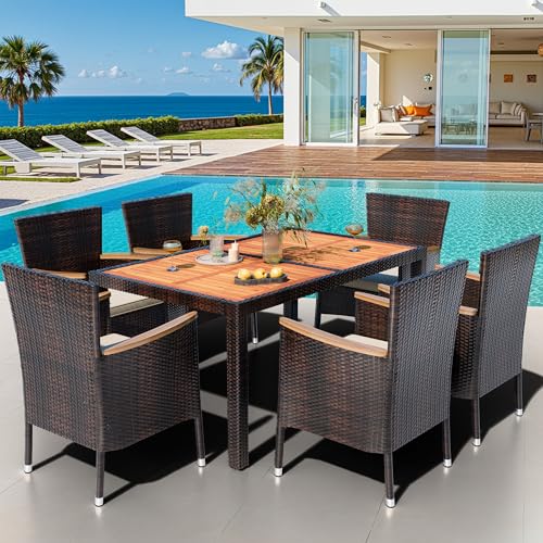 Shintenchi 7 PCS Wicker Patio Dining Set, Brown Rattan