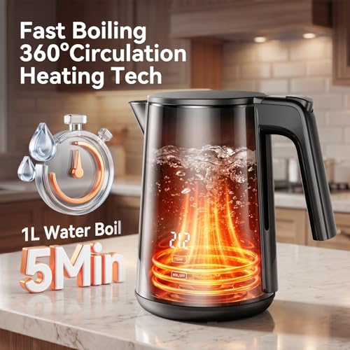 Electric Kettle with Digital Display & Temperature Control, 1.0L Stainless Steel Water Boiler, 1200W Fast Boiling, 4H Keep Warm, BPA-Free Auto Shut-Off, Tea Coffee Kettle for Home Office 120V, White