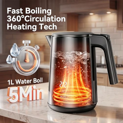 Electric Kettle with Digital Display & Temperature Control, 1.0L Stainless Steel Water Boiler, 1200W Fast Boiling, 4H Keep Warm, BPA-Free Auto Shut-Off, Tea Coffee Kettle for Home Office 120V, White
