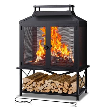 VELUVIA Metal Outdoor Fireplace for Patio - 39" H Square Chiminea Fire Pits Outside Wood Burning with Grill, Mesh Spark Screen & Fire Poker, for Garden, Backyard, Party, Camping, Picnic, BBQ, Bonfire